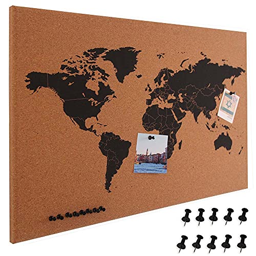 BAKAJI Pinnwand Weltkarte aus Kork Landkarte Weltkarte Holzrahmen Größe 60 x 40 cm Wand Modernes Design mit 10 Reißnägeln Geschenkidee von BAKAJI