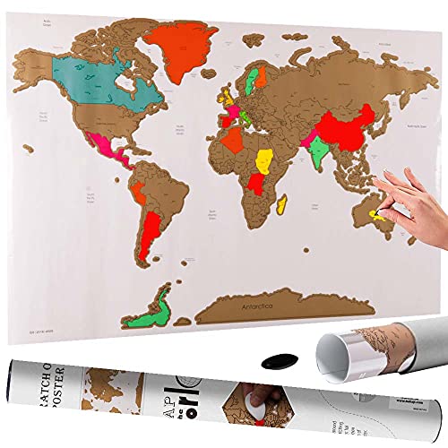 BAKAJI Weltkarte zum Rubbeln Geografische Karte Weltkarte Rubbeln Größe 82,5 x 59,5 cm Wandmontage Modernes Design Etui Zylinder und Feile Geschenkidee (Weiß) von BAKAJI
