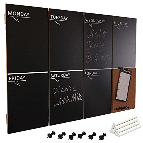 Bakaji Magnettafel Schwarz Wöchentafel mit Memoboard aus Kork, Größe 60 x 40 cm, Holzrahmen mit Kreide-Set und 6 Nagelspitzen, modernes Design für Haus, Küche und Büro von BAKAJI