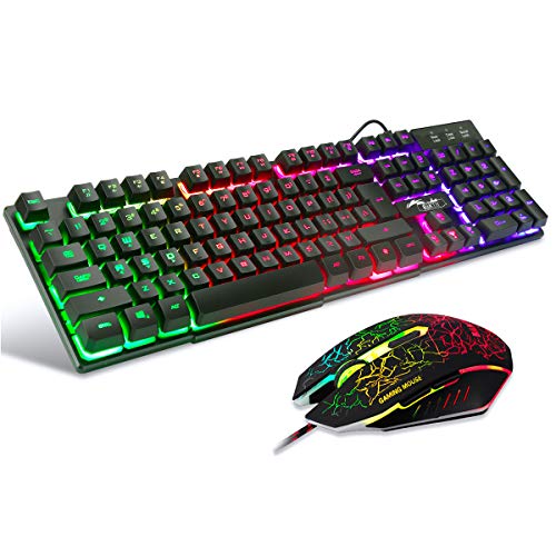 BAKTH Gaming Tastatur und Maus Set, LED Hintergrundbeleuchtung QWERTY US Layout, Regenbogen Farben Beleuchtete USB Wasserdicht Tastatur und Maus mit 2400 DPI für Pro PC Gamer von BAKTH