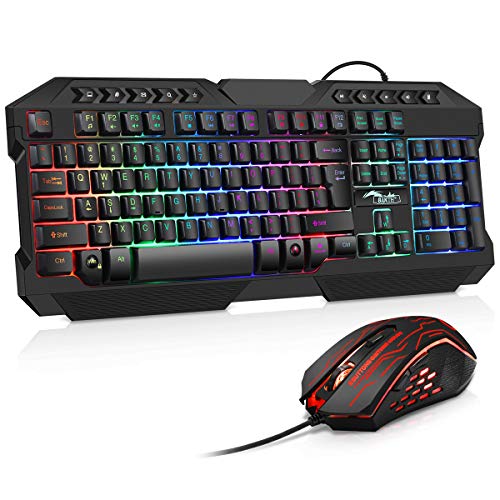 BAKTH Gaming Tastatur und Maus Set, LED Hintergrundbeleuchtung QWERTZ DE Layout, Regenbogen Farben Beleuchtete USB Wasserdicht Tastatur und Maus mit 3600 DPI für Pro PC Gamer von BAKTH