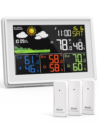 BALDR Wetterstation Funk mit 3 Außensensoren, DCF Farbbildschirm Wetterstation mit Wettervorhersage, Innen Außen Digital Thermometer Hygrometer Barometer und Benutzerdefinierte Alarme (Weiß) von BALDR