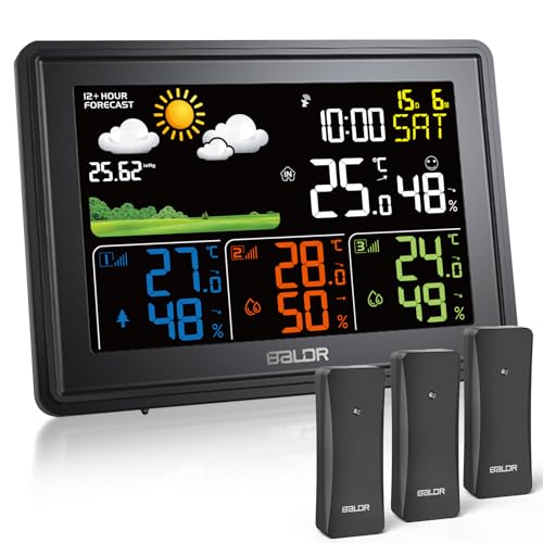 BALDR Wetterstation Funk mit 3 Außensensoren Innen Außen Digital Thermometer Hygrometer Feuchtigkeit mit Wettervorhersage, DCF Farbbildschirm Wetterstation von BALDR