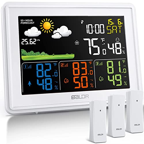 BALDR Wetterstation Funk mit 3 Außensensoren Innen Außen Digital Thermometer Hygrometer Feuchtigkeit mit Wettervorhersage, DCF Farbbildschirm Wetterstation von BALDR