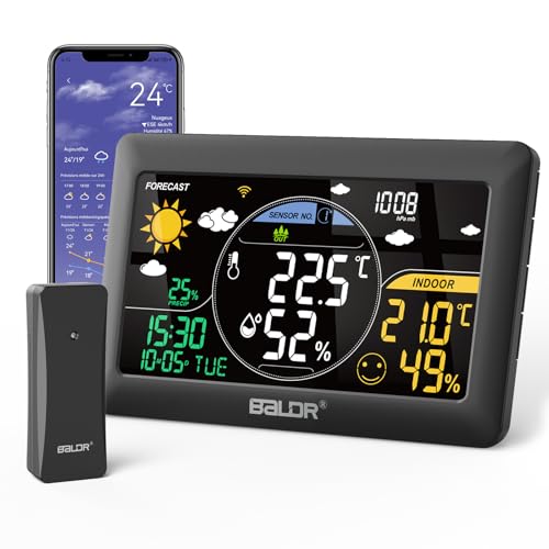 BALDR Wetterstation Funk mit Außensensor, 2.4Ghz Wlan/APP Kontrolle, 7.5'' VA Display, Wettervorhersage in Echtzeit, Echtzeit-Kalibrierzeit, Digital Thermometer Hygrometer Innen von BALDR