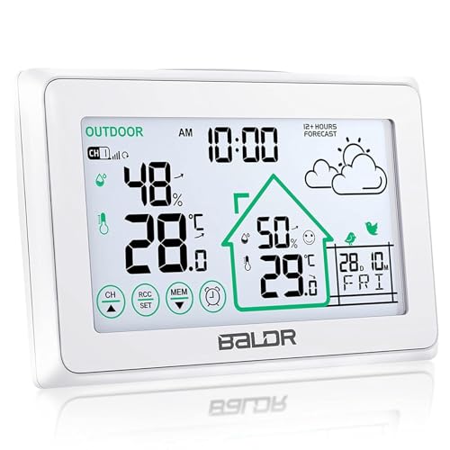 BALDR Wetterstation Funk mit Außensensor, Digital DCF-Funkuhr Innen und Außen Thermometer Hygrometer mit Wettervorhersage, Funkthermometer mit Batteriebetrieben Wetterstation, weiß von BALDR