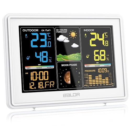 BALDR Wetterstation Funk mit Außensensor, Digital Farbdisplay DCF-Funkuhr Innen und Außen Thermometer Hygrometer, Funkwetterstation mit Wettervorhersage, Barometer und Mondphase, Netzteil von BALDR