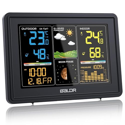 BALDR Wetterstation Funk mit Außensensor, Digital Farbdisplay DCF-Funkuhr Innen und Außen Thermometer Hygrometer, Funkwetterstation mit Wettervorhersage, Barometer und Mondphase, Netzteil von BALDR