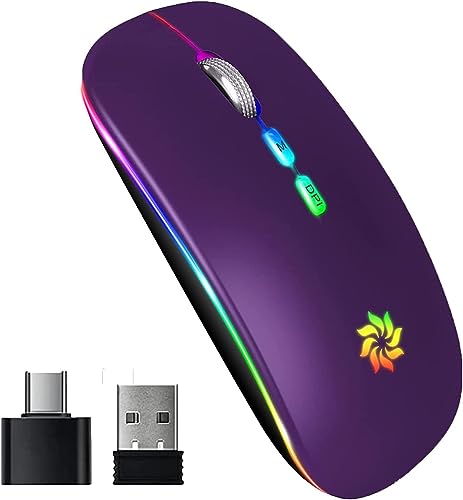 BAMCOO Maus Kabellos 2.4G USB Funkmaus 3DPI Wiederaufladbare Maus Laptop Maus mit USB-Empfänger 7 Typen LED Beleuchtete Maus für Laptop, PC, iOS, Android, iPad, Windows (Lila) von BAMCOO