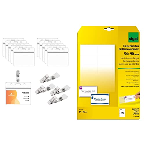 BAMZOK 50 Stück Ausweishülle mit Clip Namensschilder für Kleidung Clip Kartenhüllen Transparent & SIGEL LP898 Einsteckkarten für Namensschilder weiß, 54x90 mm (A4), 100 Stück von BAMZOK