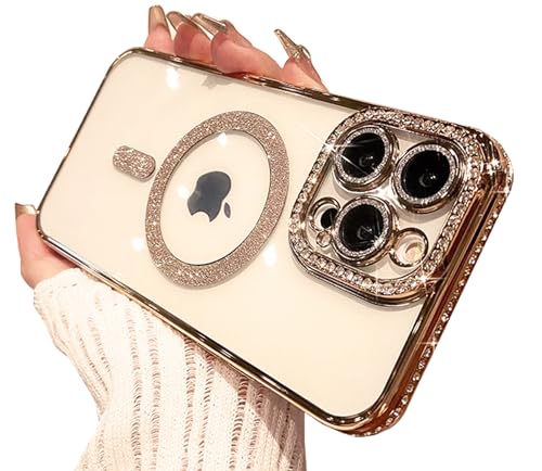 BANAILOA Schutzhülle für iPhone 15 Plus, kompatibel mit Magsafe, glitzernde Strasssteine, transparent, magnetisch, mit Kameralinsenabdeckung, schützende, schlanke Handyhülle, 17 cm (6,7 Zoll), Gold von BANAILOA