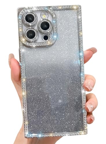 BANAILOA Schutzhülle für iPhone 15 Pro, rechteckiger Rand mit glitzernden Strasssteinen, luxuriös, glitzernd, schlanke Kamera-Abdeckung, Schutzhülle für 15 Pro, 16 cm (6,3 Zoll), Silber von BANAILOA