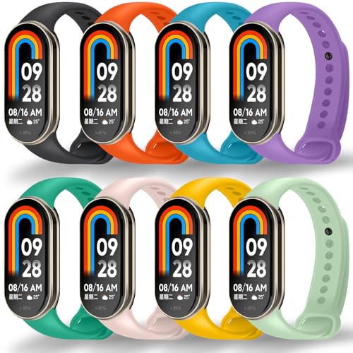 BANGTING 8 Stück Armband Kompatibel mit Xiaomi Mi Band 9 und Xiaomi Mi Band 8, Ersatzarmband für Xiaomi Smart Band 8, Mi Band 9 Armbänder, Ersatzbänder aus TPU, Länge Verstellbar (8 Farben) von BANGTING