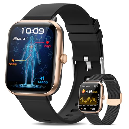 BANLVS 𝐁𝐥𝐮𝐭𝐳𝐮𝐜𝐤𝐞𝐫-Smartwatch Herren Damen 𝐁𝐥𝐮𝐭𝐳𝐮𝐜𝐤𝐞𝐫𝐦𝐞𝐬𝐬𝐮𝐧𝐠 mit Telefonfunktion,1.83"HD Smartwatch mit Herzfrequenz SpO2 IP68 Fitness Tracker für iOS Android Schwarzes Gold von BANLVS
