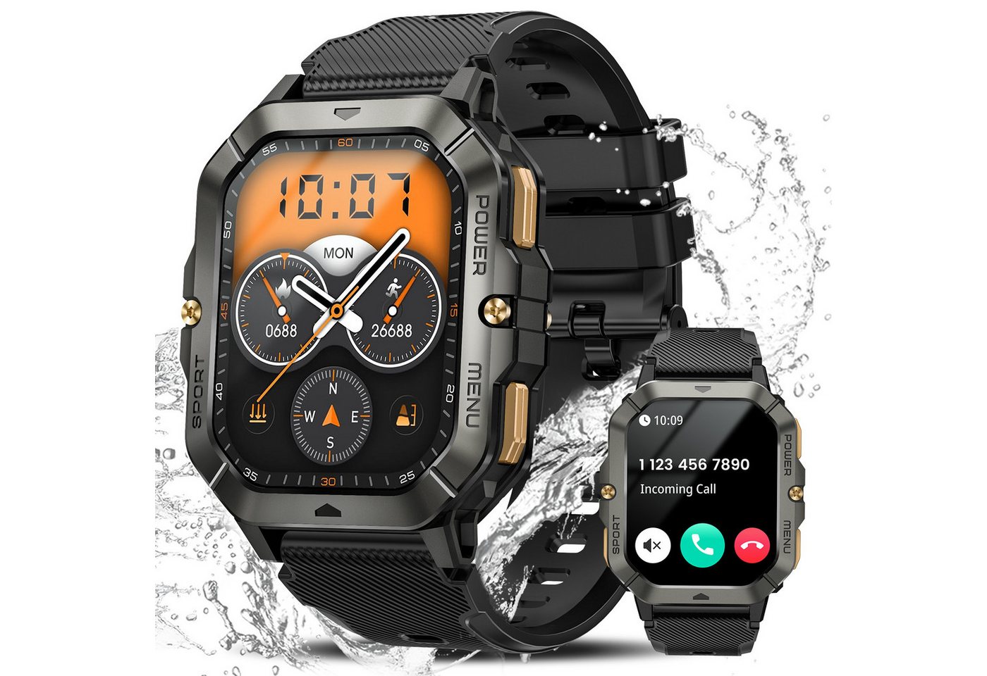 BANLVS 2025 NEW Smartwatch Herren Militärische mit Telefonfunktion & AI GPT Smartwatch (5,13 cm/2,02 Zoll, HD Bildschirm Touchscreen) mit Herzfrequenz/SpO2/Blutdruck/Schlafmonitor, 100+ Sportmodi Sportuhr, lP68/5ATM Wasserdicht, 450mAh Langlebiger Akku, 2,02" HD Voll Zoll für iOS und Android von BANLVS