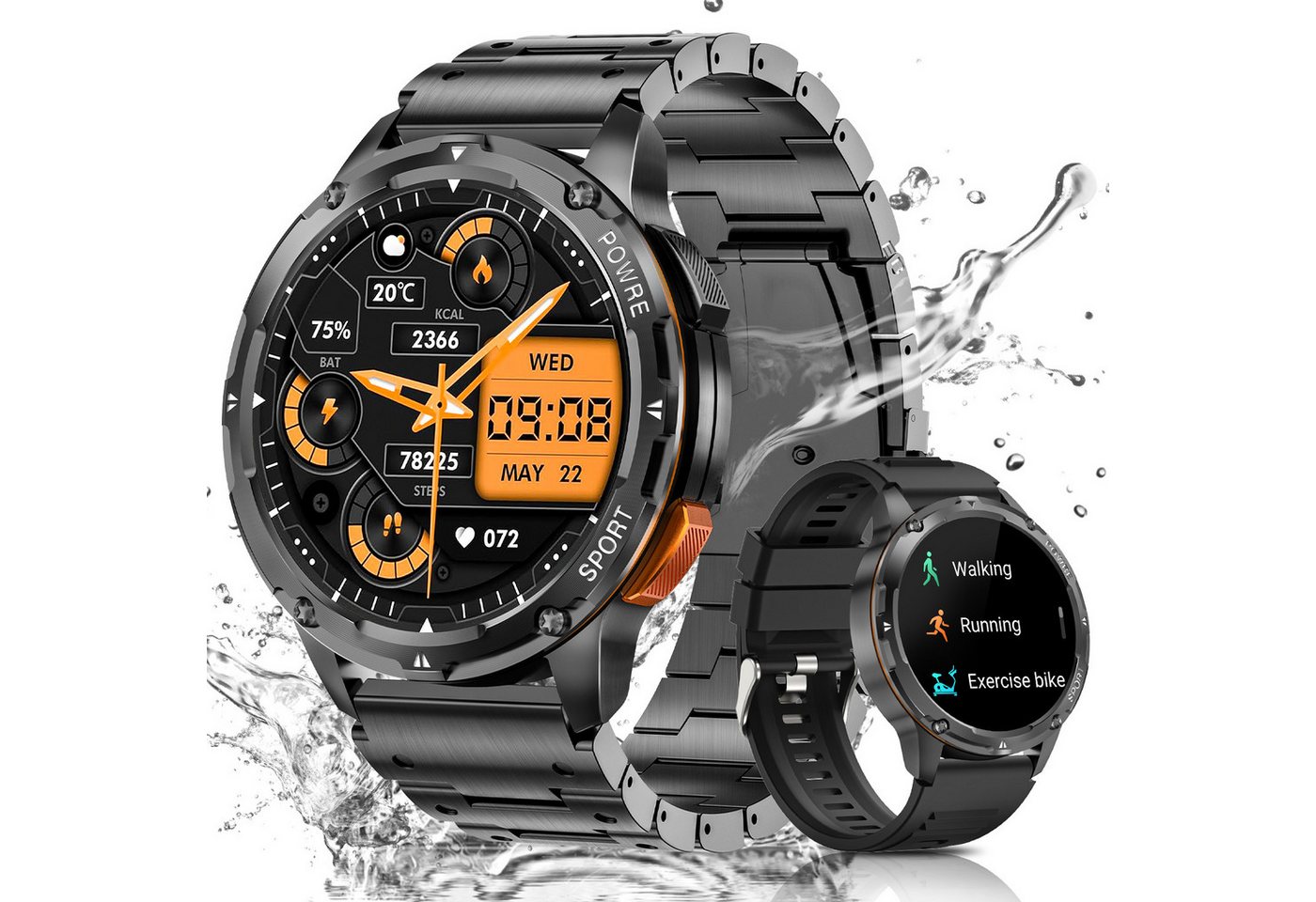 BANLVS Smartwatch für Herren in Militärqualität, mit Telefonfunktion Smartwatch (3.63 cm/1,43 Zoll, AMOLED Always On Display) mit Herzfrequenz, Schlafüberwachung, SpO2, 100+ Sportmodi, 5ATM Fitnessuhr Smart Watch für Android iOS, 24/7 Herzfrequenz/SpO2/Blutdruck/Schlafüberwachung, IP68 Wasserdicht von BANLVS