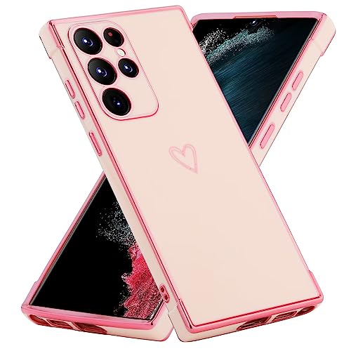 BAOJAY Hülle für Samsung Galaxy S21 Ultra 5G,Galvanisierte TPU Weich Silikon Handyhülle mit Herzmuster,Vier Ecken Absturzsicherung,Schön Mädchen Frau Stoßfest Schutzhülle Case,Rosa von BAOJAY