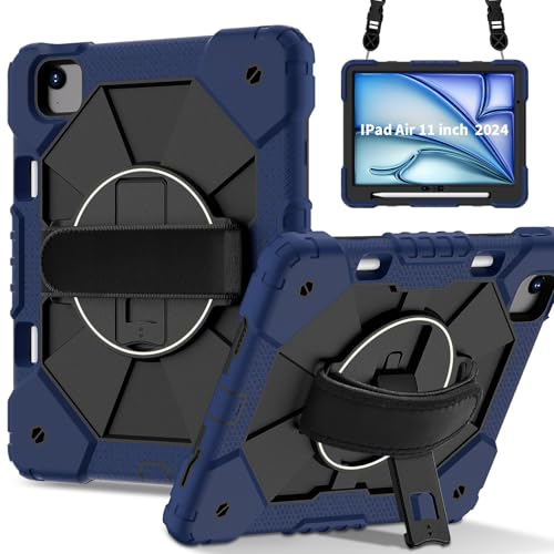 Multi-Viewing Stand Folio Case Cover Kompatibel mit iPad Air 11 Zoll M2 A2902, erschienen 2024, stoßfeste Kinderhülle, [Ständer] [Schultergurt], 360 Grad drehbare Handschlaufe, Ständerhalterung, robus von BAOPENB