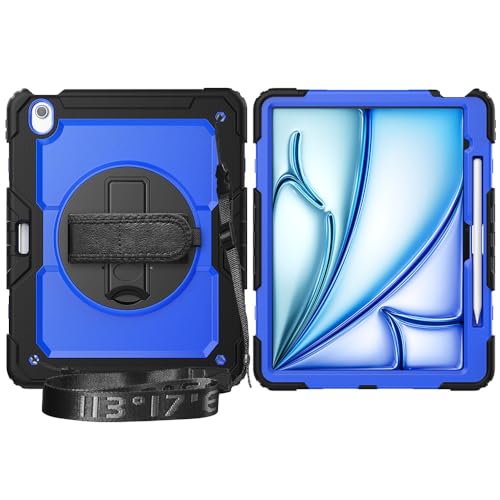 Multi-Viewing Stand Folio Case Cover Kompatibel mit iPad Air 13 Zoll (M3) 2025, robuste, stoßfeste TPU-Hülle, Schutzhülle mit Displayschutzfolie, 360-Grad-Drehständer + Handschlaufe + Schultergurt(Bla von BAOPENB
