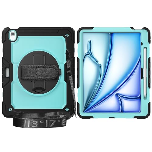 Multi-Viewing Stand Folio Case Cover Kompatibel mit iPad Air 13 Zoll (M3) 2025, robuste, stoßfeste TPU-Hülle, Schutzhülle mit Displayschutzfolie, 360-Grad-Drehständer + Handschlaufe + Schultergurt(Bla von BAOPENB