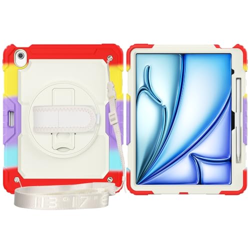 Multi-Viewing Stand Folio Case Cover Kompatibel mit iPad Air 13 Zoll (M3) 2025, robuste, stoßfeste TPU-Hülle, Schutzhülle mit Displayschutzfolie, 360-Grad-Drehständer + Handschlaufe + Schultergurt(Cam von BAOPENB