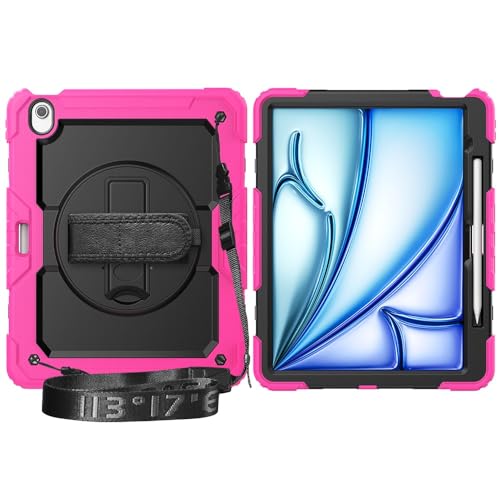 Multi-Viewing Stand Folio Case Cover Kompatibel mit iPad Air 13 Zoll (M3) 2025, robuste, stoßfeste TPU-Hülle, Schutzhülle mit Displayschutzfolie, 360-Grad-Drehständer + Handschlaufe + Schultergurt(Ros von BAOPENB