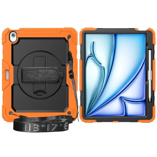 Multi-Viewing Stand Folio Case Cover Kompatibel mit iPad Air 13 Zoll (M3) 2025, robuste, stoßfeste TPU-Hülle, Schutzhülle mit Displayschutzfolie, 360-Grad-Drehständer + Handschlaufe + Schultergurt(Ora von BAOPENB