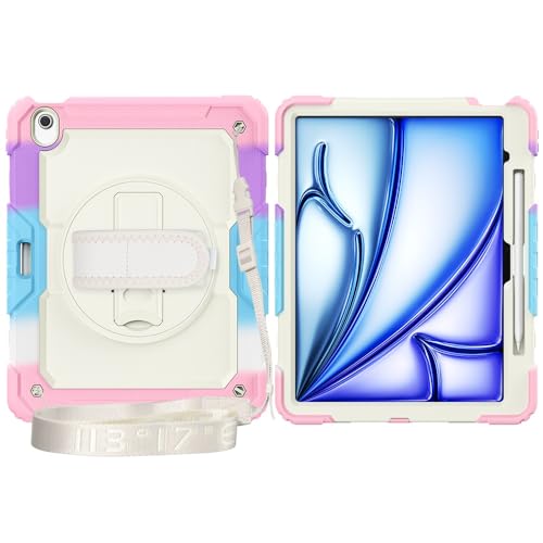 Multi-Viewing Stand Folio Case Cover Kompatibel mit iPad Air 13 Zoll (M3) 2025, robuste, stoßfeste TPU-Hülle, Schutzhülle mit Displayschutzfolie, 360-Grad-Drehständer + Handschlaufe + Schultergurt(Cam von BAOPENB