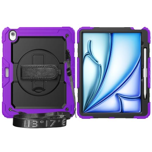 Multi-Viewing Stand Folio Case Cover Kompatibel mit iPad Air 13 Zoll (M3) 2025, robuste, stoßfeste TPU-Hülle, Schutzhülle mit Displayschutzfolie, 360-Grad-Drehständer + Handschlaufe + Schultergurt(Pur von BAOPENB