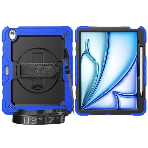 Multi-Viewing Stand Folio Case Cover Kompatibel mit iPad Air 13 Zoll (M3) 2025, robuste, stoßfeste TPU-Hülle, Schutzhülle mit Displayschutzfolie, 360-Grad-Drehständer + Handschlaufe + Schultergurt(Blu von BAOPENB