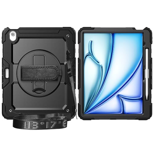 Multi-Viewing Stand Folio Case Cover Kompatibel mit iPad Air 13 Zoll (M3) 2025, robuste, stoßfeste TPU-Hülle, Schutzhülle mit Displayschutzfolie, 360-Grad-Drehständer + Handschlaufe + Schultergurt(Bla von BAOPENB