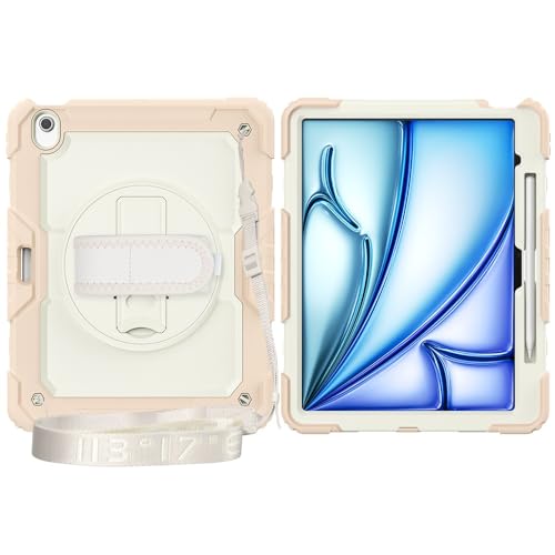 Multi-Viewing Stand Folio Case Cover Kompatibel mit iPad Air 13 Zoll (M3) 2025, robuste, stoßfeste TPU-Hülle, Schutzhülle mit Displayschutzfolie, 360-Grad-Drehständer + Handschlaufe + Schultergurt(Ros von BAOPENB