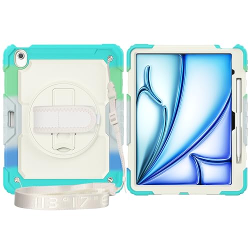 Multi-Viewing Stand Folio Case Cover Kompatibel mit iPad Air 13 Zoll (M3) 2025, robuste, stoßfeste TPU-Hülle, Schutzhülle mit Displayschutzfolie, 360-Grad-Drehständer + Handschlaufe + Schultergurt(Cam von BAOPENB