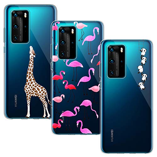 BAOWEI 3-Stück Huawei P40 Pro Hülle, Transparent Weiche Durchsichtig Dünn Handyhülle mit Süße Muster Silikon Klar TPU Stoßfest Schutzhülle Case für Huawei P40 Pro - Giraffe, Flamingo & Panda von BAOWEI
