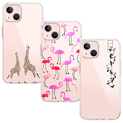 BAOWEI [3-Stück] Kompatibel mit iPhone 13 Hülle, Silikon Durchsichtig Handyhülle mit Süße Muster Schutzhülle - Giraffe, Flamingo & Panda von BAOWEI