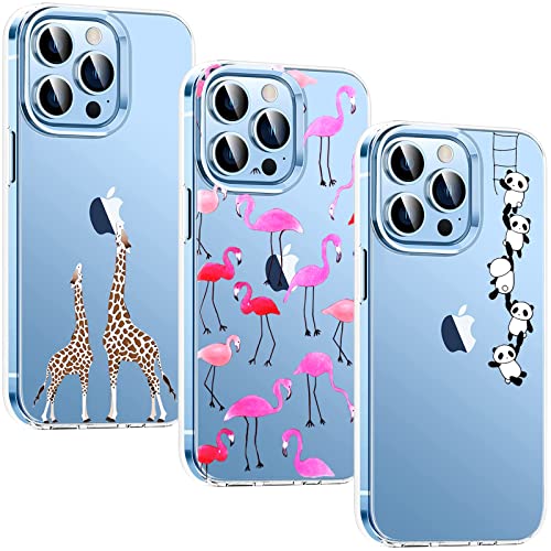BAOWEI [3-Stück] Kompatibel mit iPhone 13 Pro Hülle, Silikon Durchsichtig Handyhülle mit Süße Muster Schutzhülle - Giraffe, Flamingo & Panda von BAOWEI