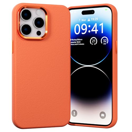 BARALARIQIU Hülle Leder mit iPhone 16 Plus Echt lederhülle Schlanke [Stark Magnetkraft][Anti-Fingerabdruck] Ultra Dünn Case Schutzhülle Bumper Hülle kompatible mit Mag-Safe Orange von BARALARIQIU