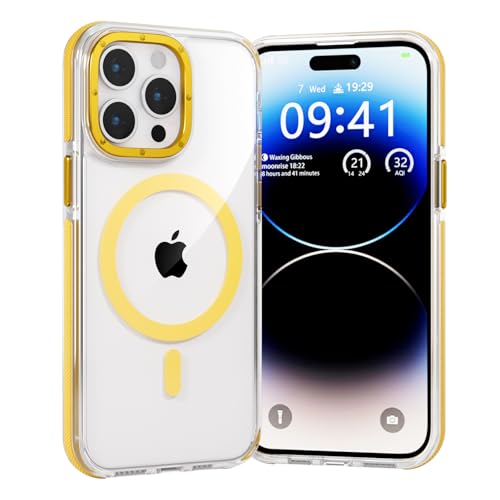 BARALARIQIU Magnetisch Hülle für iPhone 16 Pro Max Kompatibel mit Mag-Safe Harter PC Stoßsicher Transparent Schutzhülle Cover Case Gelb von BARALARIQIU