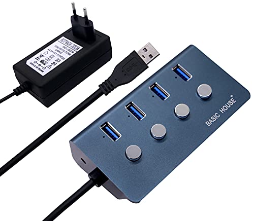 BASIC HOUSE® USB-Hub 3.0 mit 4 Ports,Aluminiumschale Mit Netzteil mit einzelnen EIN/Aus-Schaltern 5 V / 2A High-Speed-Datenübertragung,USB-Hub,4 USB-Daten-Port,USB-Hub-Splitter von BASIC HOUSE