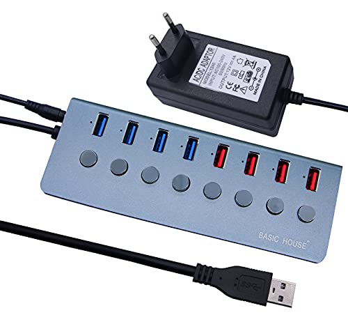 BASIC HOUSE® USB-Hub 3.0 mit 8 Ports,Aluminiumschale Mit Netzteil mit einzelnen EIN/Aus-Schaltern 12 V / 4A 48W High-Speed-Datenübertragung,USB-Hub,8 USB-Daten-Port,USB-Hub-Splitter (4+4 Ports) von BASIC HOUSE