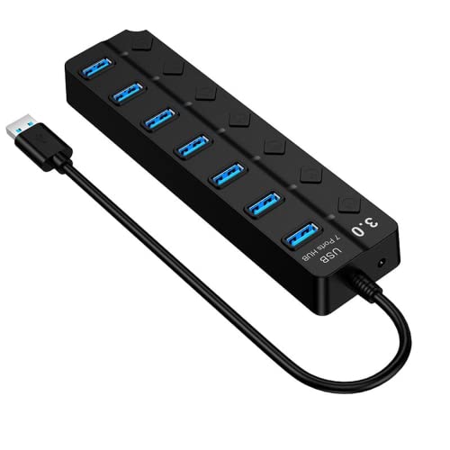 USB Hub 7-Port USB 3.0 + 2.0 mit individuellen LED Netzschaltern Tragbarer Adapter Hochgeschwindigkeits-Erweiterung Multi USB Hub Splitter Lead Adapter Kabel für Tablet Laptop (7 Port-Black) von BASIC HOUSE