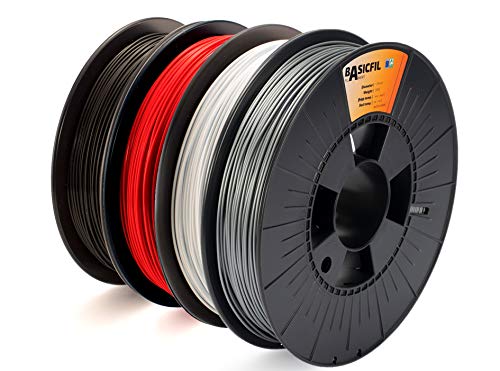 BASICFIL PLA (3D Drucker Filament) - COMBIPACK - 1.75mm, 4 x 500g, Schwarz/Weiß/Silber/Rot von BASICFIL