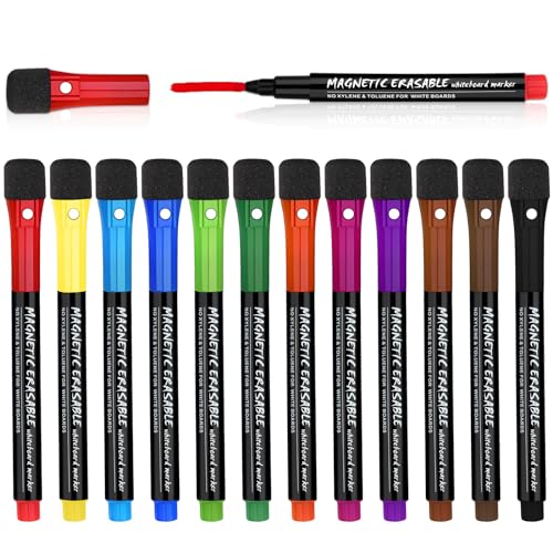 BASVII 12 Farben Whiteboard Stifte Abwischbar - Magnetic Whiteboard Marker mit Schwamm für Schnell Trocknend und Reibungsloses Schreiben, Geeignet für Whiteboard Magnetisch, Kühlschrankkalender von BASVII
