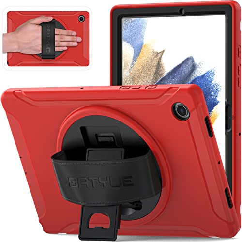 BATYUE Schutzhülle für Samsung Galaxy Tab A8 26,7 cm (10,5 Zoll) 2022, robust, stoßfest, mit Handschlaufe und drehbarem Ständer für Tab A8 SM-X200/X205/X207 (rot) von BATYUE