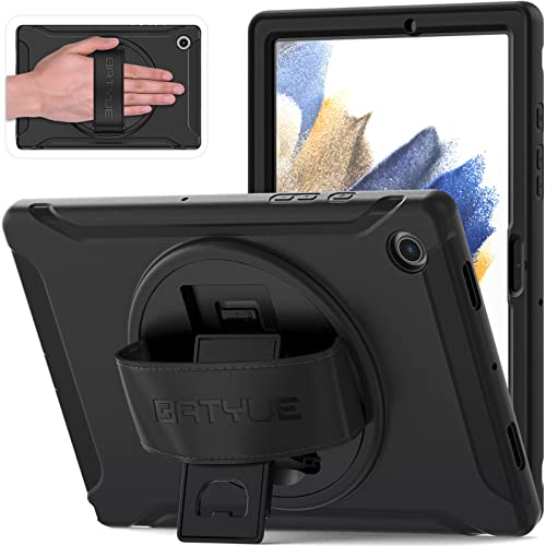 BATYUE Schutzhülle für Samsung Galaxy Tab A8 26,7 cm (10,5 Zoll) 2022, robust, stoßfest, mit Handschlaufe und drehbarem Ständer für Tab A8 SM-X200/X205/X207 (schwarz) von BATYUE