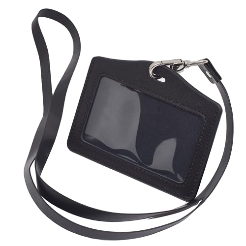 BAWAKO Ausweishüllen echt Leder, ID Kartenhalter Ausweishalter aus robustem Leder, ID Badge Holder mit PU leder Band (Schwarz, H) von BAWAKO