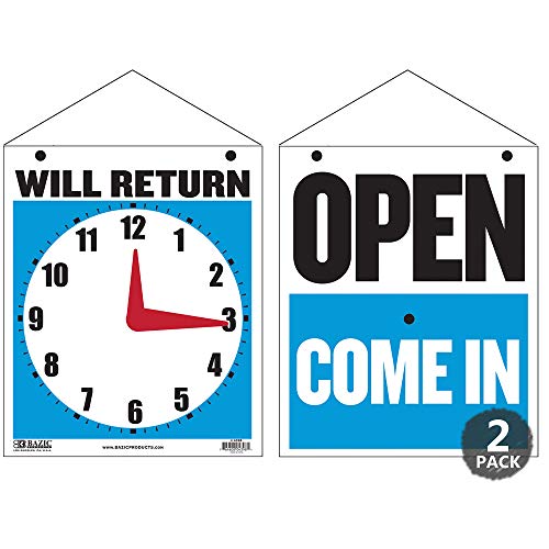 BAZIC Open Sign 19,1 x 22,9 cm, Clock Will Return Will Be Back, doppelseitige Kunststoff-Vinyl-Schilder, Geschäft, Büro, Bars, Einzelhandel, Shop, 2 Stück von BAZIC