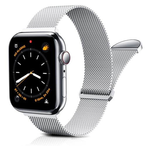 BAZO Armband Kompatibel mit Apple Watch Armband 42mm, 44mm, 45mm für Damen/Herren Milanaise Dual Magnetisch Einstellbar Armbänder für iWatch Series 9 Se 8 7 6 5 4 3 2 1 Silvery von BAZO