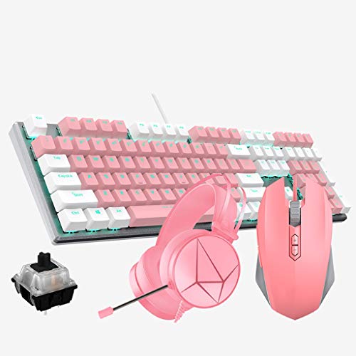 Tastatur-Maus-Set Rosa Tastatur-Maus-Headset Dreiteilige mechanische Tastatur mit 108 Tasten E-Sport Universal Freundinnen (Color : Pink-Black Shaft) (Pink Kit) von BAtlam