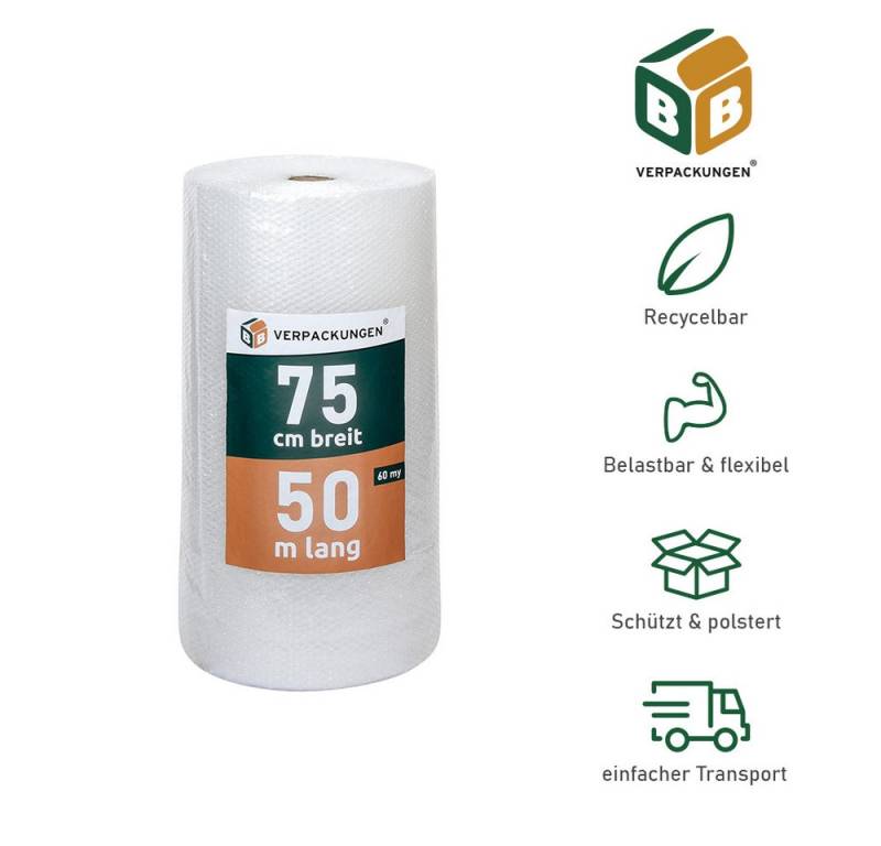 BB-Verpackungen Schutzfolie Luftpolsterfolie, (1-St), 2-lagig, 0,75 x 50 m, 60 my von BB-Verpackungen